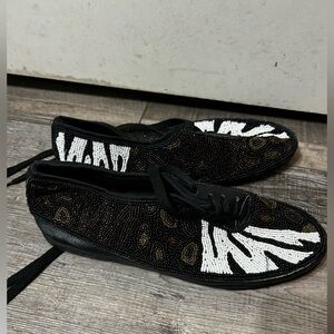 Colorwerks Vintage Beaded Black and White Lace-Up Shoes patterned
